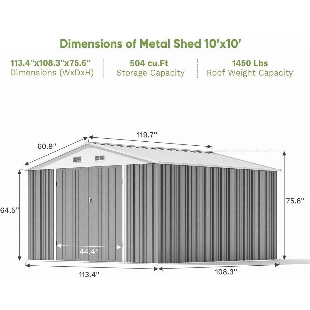 10' x 10' Outdoor Metal Storage Shed with Lockable Door for Utility, Tools, Garden, and Patio Use in Grey