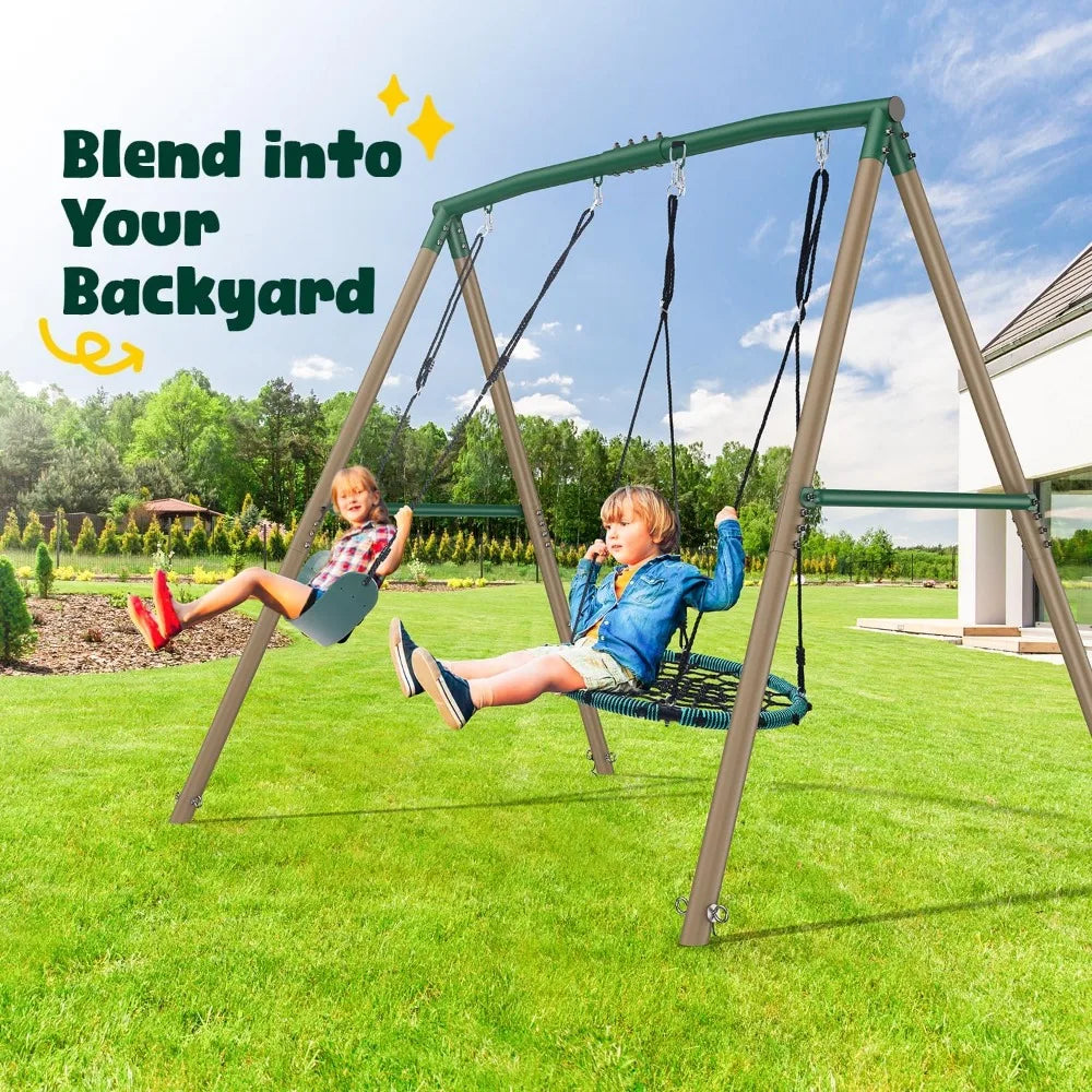 7.5ft Tall Swing Sets for Backyard, 500lbs Heavy Duty Swing Set for Kids and Adults with Spider Swing and Belt Swing, Outdoor