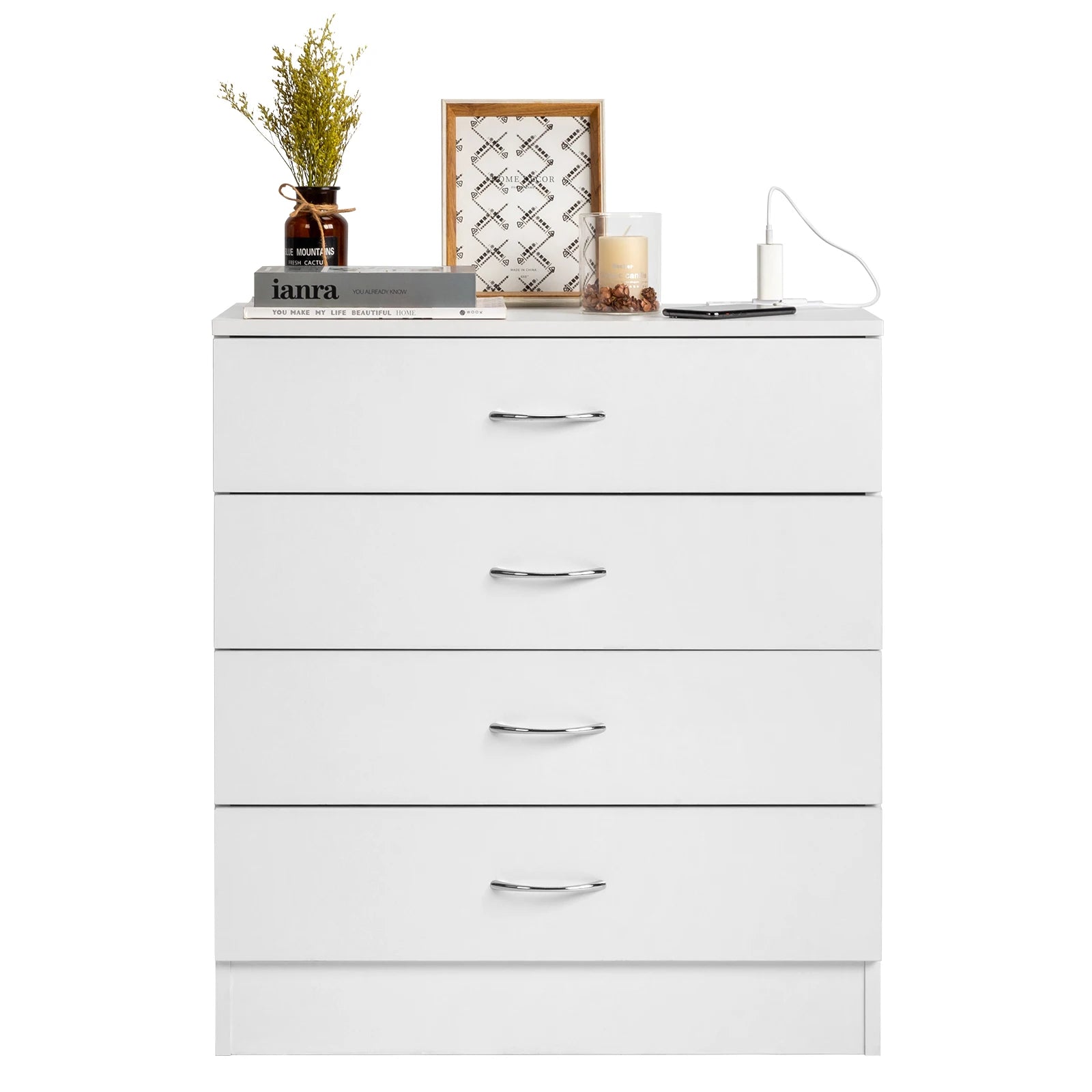 4-Drawer Chest (2 USB, 2 Outlets) Bedside Table, White