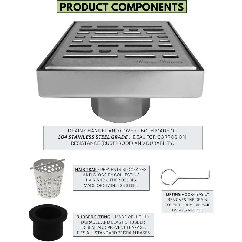 304 Stainless Steel 4 Inch Brushed Nickel Square Shower Drain Kit For Tile Floor Drain Grate Cover Hair Catcher Trap Strainer