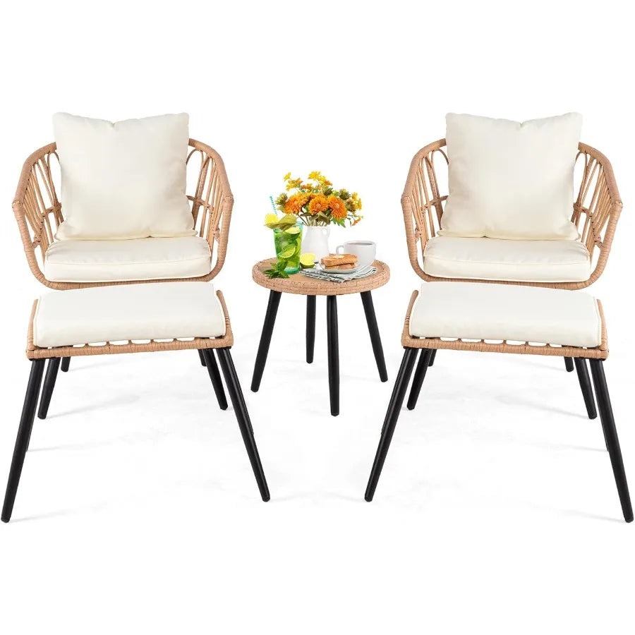 5 Piece Patio Furniture Set Outdoor Wicker Small Conversation Bistro Set All-Weather PE Rattan Chairs with Ottoman and Coffee T