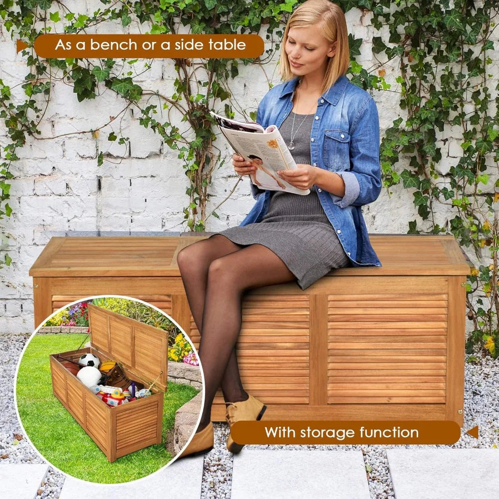 46 Gallon Acacia Wood Deck Box with Storage Bench, Outdoor Storage Container or Patio Furniture Cushions and Gardening Tools