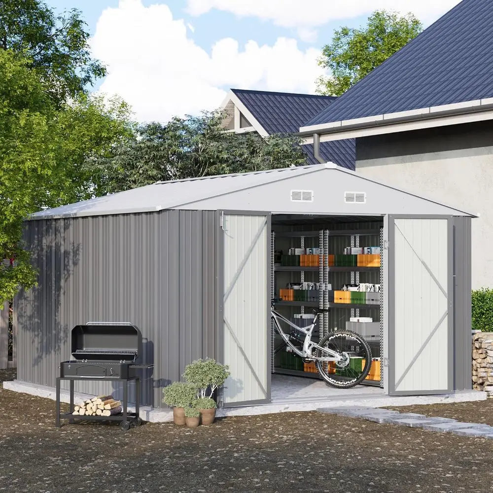 10' x 10' Outdoor Metal Storage Shed with Lockable Door for Utility, Tools, Garden, and Patio Use in Grey